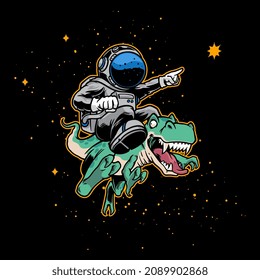 Hand drawn of astronaut riding dinosaurs on black space in green, grey, blue and gold color.