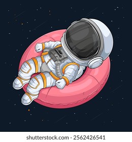 Hand drawn astronaut spaceman wearing space suit laying on a pink swimming ring in outer space