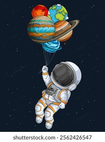 Hand drawn astronaut spaceman wearing space suit holding planets like balloons in outer space 