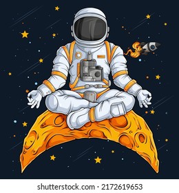 Hand drawn astronaut in spacesuit doing yoga gesture on moon, astronaut meditation yoga in the space