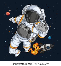 Hand drawn astronaut in spacesuit floating in the space with space rocket behind, cosmonaut in space