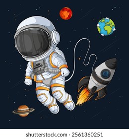 Hand drawn astronaut in spacesuit floating in outer space universe over space rocket and planets