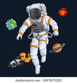 Astronauta desenhado à mão em traje espacial flutuando no espaço sideral com um foguete e planetas atrás, ilustração detalhada de cosmonauta.