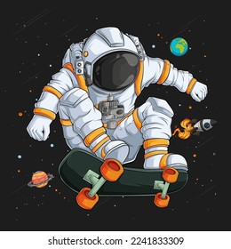 Hand drawn astronaut in spacesuit playing skateboard on space over space rocket and planets 