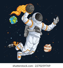 Hand drawn astronaut in spacesuit playing Basketball doing dunk move  over space rocket and planets 