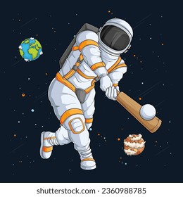 Hand drawn astronaut in spacesuit playing Cricket, batsman cosmonaut over space rocket and planets 