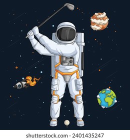 Hand drawn astronaut in spacesuit playing Golf, batsman cosmonaut over space rocket and planets 