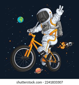 Astronauta dibujada a mano en el espacio montando bicicleta BMX en el espacio sobre cohete espacial y planetas