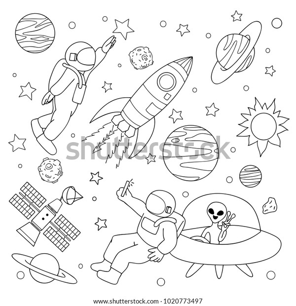 手描きの宇宙飛行士は 宇宙人と一緒に自撮りをし デザインエレメントやカラーブックページ用のスペースで星と遊びます ベクターイラスト のベクター画像素材 ロイヤリティフリー