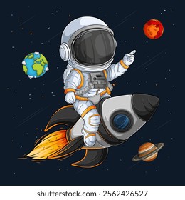 Hand drawn astronaut wearing space suit riding a space rocket on fire among planets in outer space