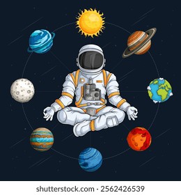 Hand drawn astronaut wearing space suit doing yoga meditation surrounded by solar system planets