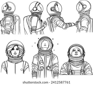 Hand drawn Astronaut women space ship  set illustration