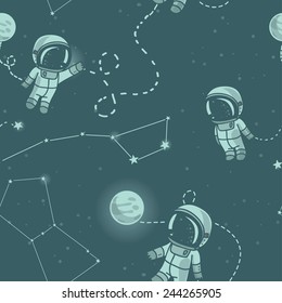 hand drawn astronauts with constellations and planets in space, starry background, cosmic seamless pattern, vector illustration