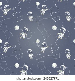 hand drawn astronauts with constellations and planets in spa?e, starry background, cosmic seamless pattern, vector illustration