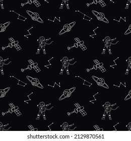 Hand drawn Astronauts and space elements seamless pattern. Vector outline illustrations for t-shirt prints, posters and other uses.