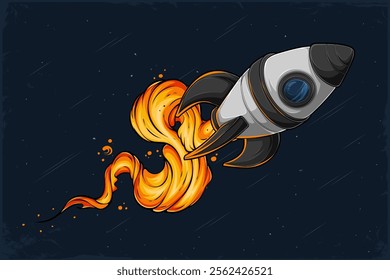 Hand drawn astronomic space rocket unleashing fire in outer space full with comets and asteroids