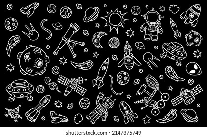 Hand drawn astronomy doodle icons. Cosmic objects set. Rockets planets, ufo stars and telescope. Space collection on black background