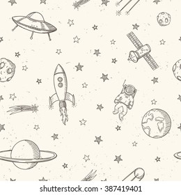 Hand drawn astronomy doodle seamless pattern.