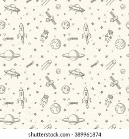 Hand drawn astronomy doodle seamless pattern.