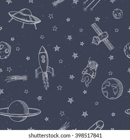 Hand drawn astronomy doodle seamless pattern.