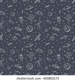 Hand drawn astronomy doodle seamless pattern.