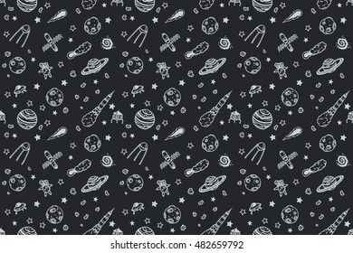 Hand drawn astronomy doodle seamless pattern.