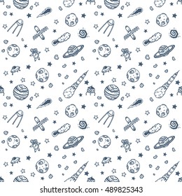 Hand drawn astronomy doodle seamless pattern.