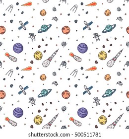 Hand drawn astronomy doodle seamless pattern.