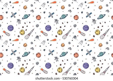 Hand drawn astronomy doodle seamless pattern.