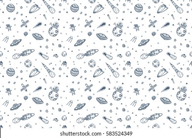 Hand drawn astronomy doodle seamless pattern.