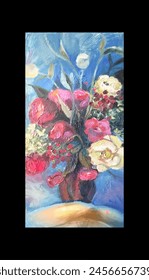 Hand drawn atmosphere  bouquet of roses.  a painting of flowers in a vase with a blue background. Modern abstract art.  Eps 10