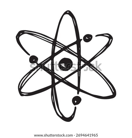 Hand drawn atom sign Molecule clipart in doodle style Single element for print, web, design, decor Symbol of science, education, nuclear energy, scientific research, molecular chemistry