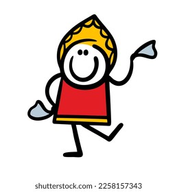 Hand drawn attractive woman in hairdress and red sundress, with handkerchief dancing national russian folk music. Vector doodle style female stickman.