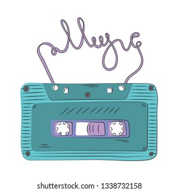 Hand drawn audio cassette. Vintage vector illustration with lettering. Poster or t-shirt design.