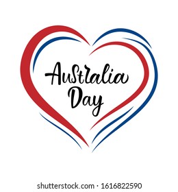 Hand drawn AUSTRALIA DAY typography poster. Celebration quotation for card, banner, logo, icon. Black lettering with blue or red heart on white background. Vector illustration
