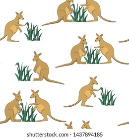 hand drawn australia kangaroo and grass seamless pattern on white background