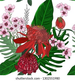 Hand Drawn Australia Native Wild Flower With Waratah And Geralton In Vector Seamless Pattern