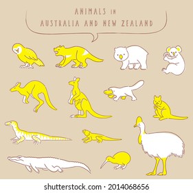 hand drawn Australia and New Zealand animal illustration set