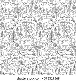 Hand drawn Australia seamless pattern. Vector illustration of seamless pattern with Australian animals and plants