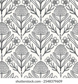 Hand drawn Australian native flowers seamless pattern. Waratah and waxflower background