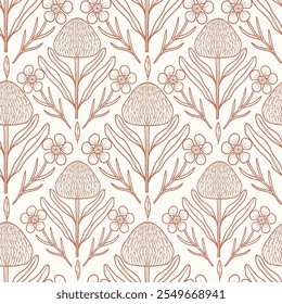 Hand drawn Australian native flowers seamless pattern. Waratah and waxflower print