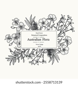 Hand drawn Australian native plants and flowers template. Cooktown orchid, eremophila, finger lime, Sturt's desert rose, royal bluebell, tea tree