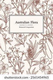 Hand drawn Australian native plants and flowers card. Cooktown orchid, eremophila, finger lime, Sturt's desert rose, royal bluebell, tea tree