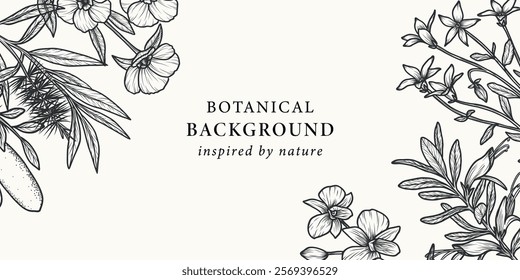 Hand drawn Australian native plants and flowers background. Cooktown orchid, eremophila, finger lime, Sturt's desert rose, royal bluebell, tea tree