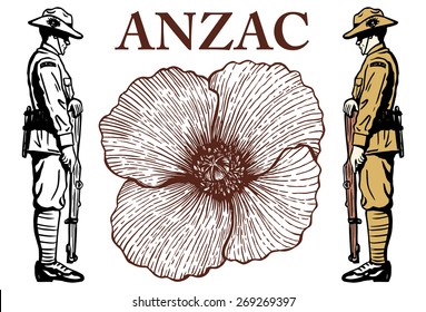 Hand drawn of Australian soldier and poppy flower, vector