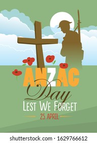 Hand drawn of Australian soldier salutes and sad about fallen comrades with a poppy flower on the background.