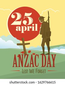 Hand drawn of Australian soldier salutes and sad about fallen comrades with a poppy flower on the background.