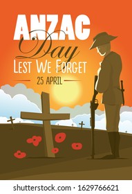 Hand drawn of Australian soldier salutes and sad about fallen comrades with a poppy flower on the background.