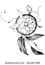 Hand drawn  authentic dream catcher. Native American or Indian. The moon has entangled in dream catcher. Black and white symbol double exposure. T-shirt design, tattoo. Boho. Isolate.