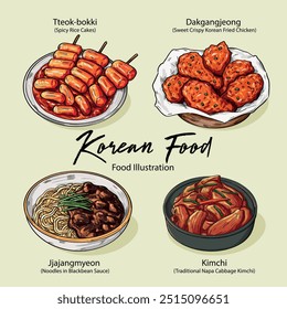 Hand drawn authentic Korean Food Kimchi, Ttokbokki, Jjajangmyeon and Sweet Fried Chicken Illustration